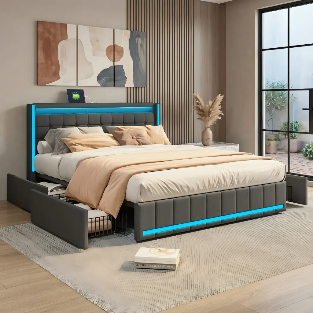 Cama FANGANGE con Base y Cabecera, Cama Doble Acolchada Funcional con 4 Cajones de Almacenamiento, para Dormitorio, Gris, Lino