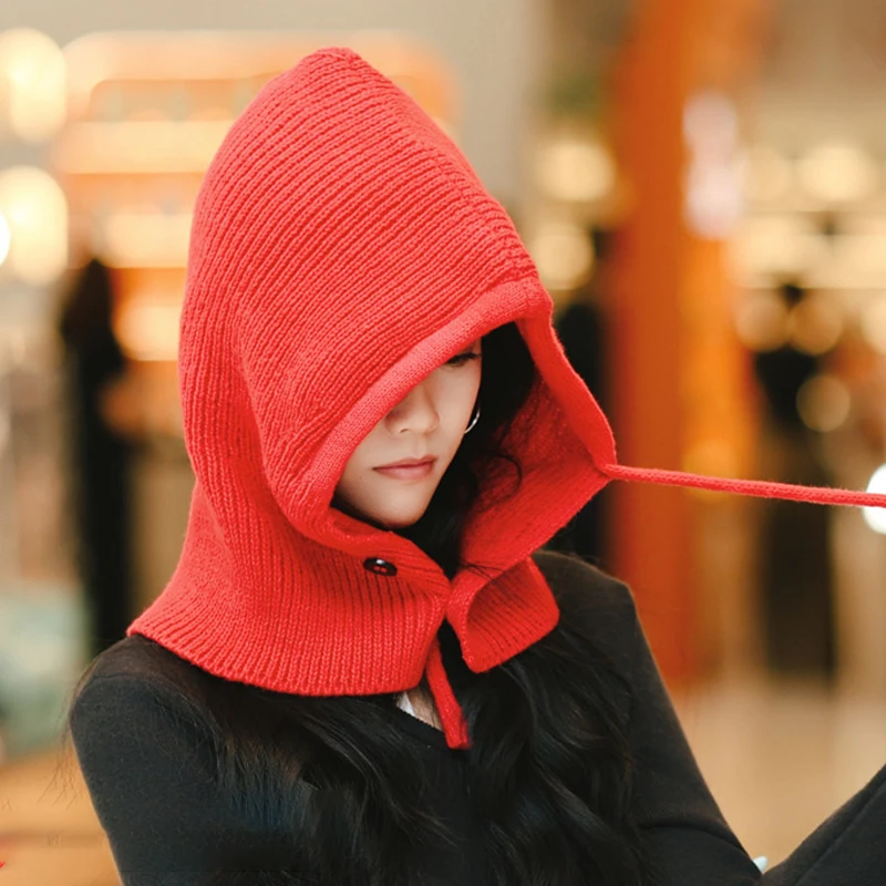 패션 솔리드 컬러 버튼 니트 모자 겨울 보온 방풍 후드 여성용