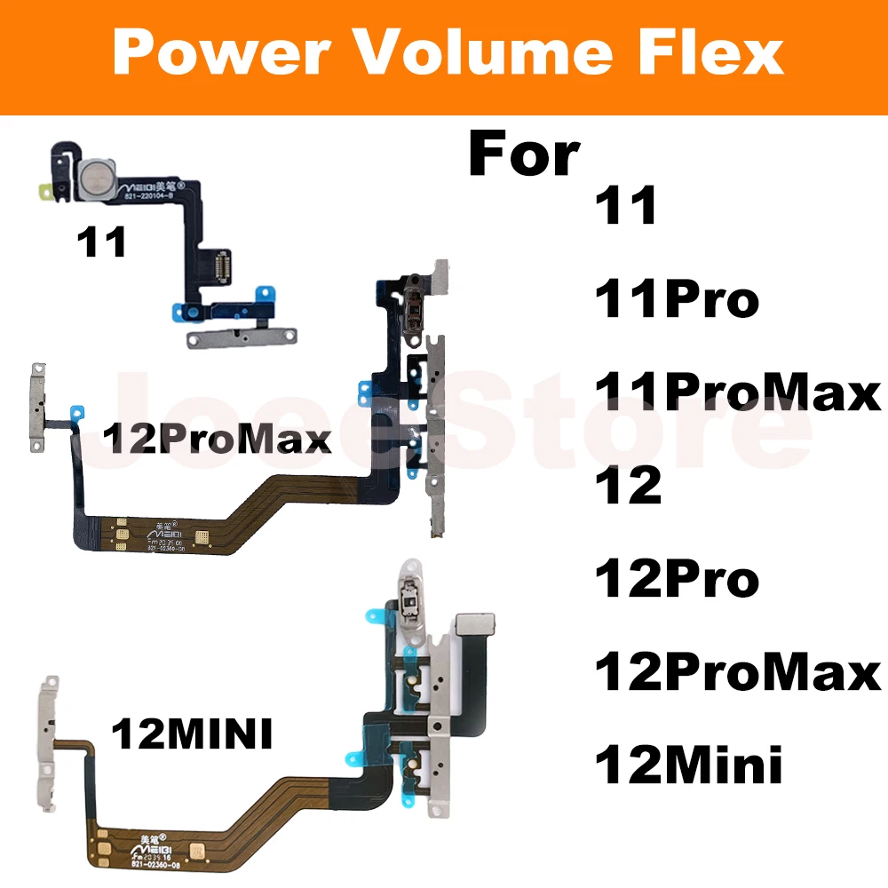 1pcs For iPhone 11 12 Pro Max Mini Power On Off Volume Up Down Switch Side Button Flex Cable With Metal Bracket Assembly Parts
