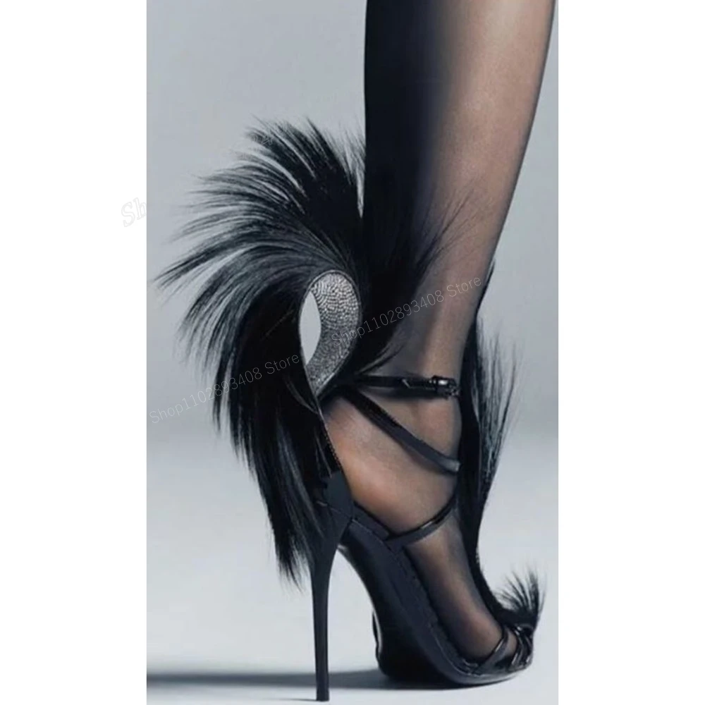 

Black Fur Decor Hollow Pumps Pointed Toe Runway Style Patent Leather Stiletto High Heel Women Shoes 2024 Zapatos Para Mujere