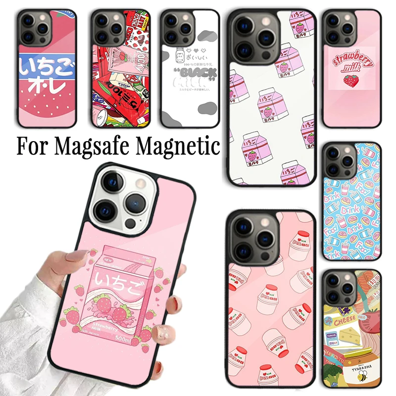 

Чехол для Телефона iPhone 16 15 14 13 12 Pro Max Plus Magsafe, магнитный беспроводной милый японский клубничный, с молочной бутылкой для напитков