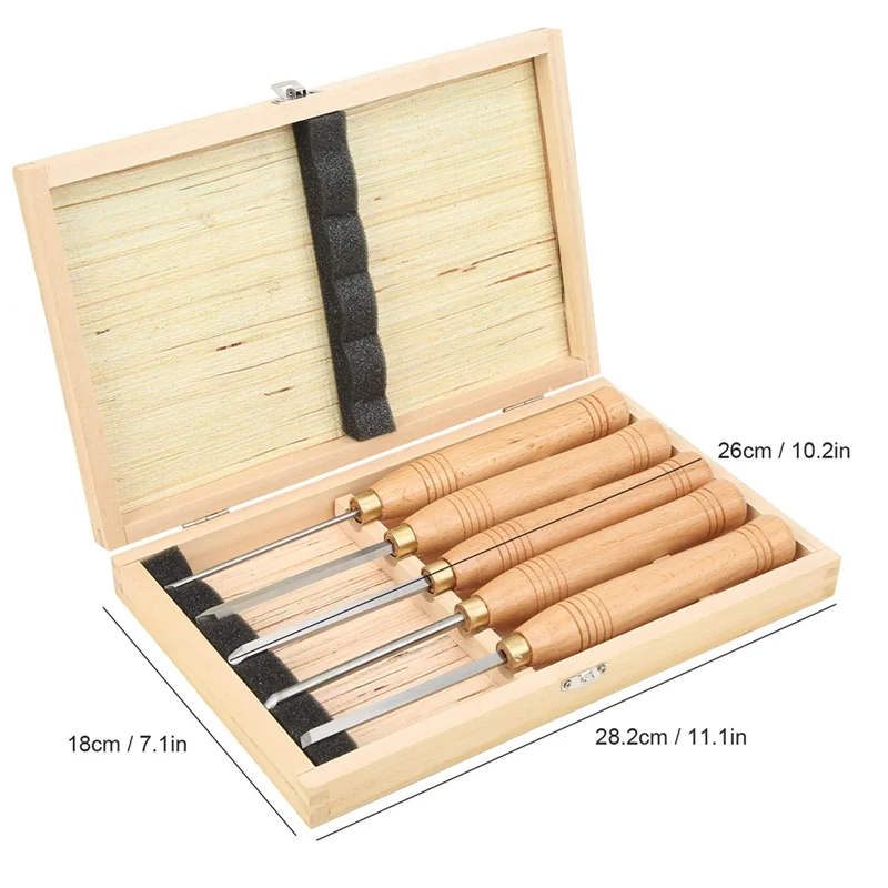 AB47-Juego de torno de herramientas para carpintería, herramientas de torneado de madera, juego de cinceles de torno, juego de 5 piezas para mangos de madera dura, acero de alta velocidad