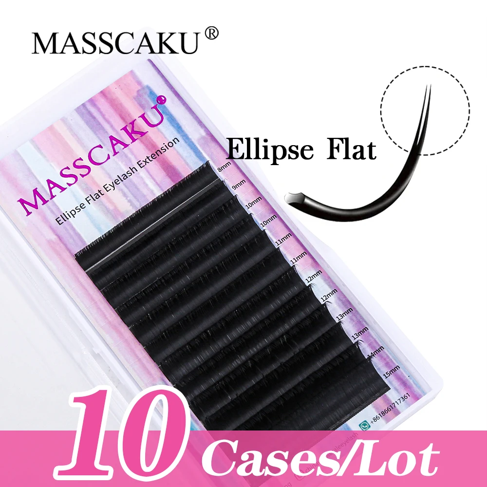 

10cases/lot MASSCAKU C/D Curl Outstanding Quality Super Dark Black Ellipse Flat Lashes Double Split Tips Flat Eyelash Extension