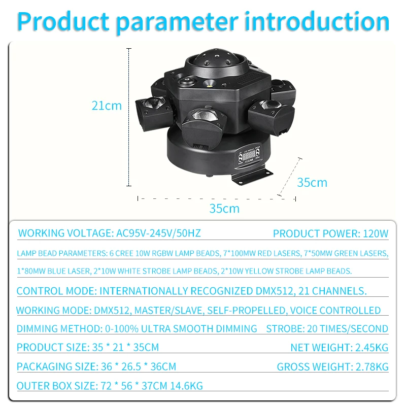 120W RGBW 6 Moving Head Beam Laser Light Led Six Arm Matrix Laser DMX512 Stage Strobe Effect DJ Party Laser Lights for Club Bar