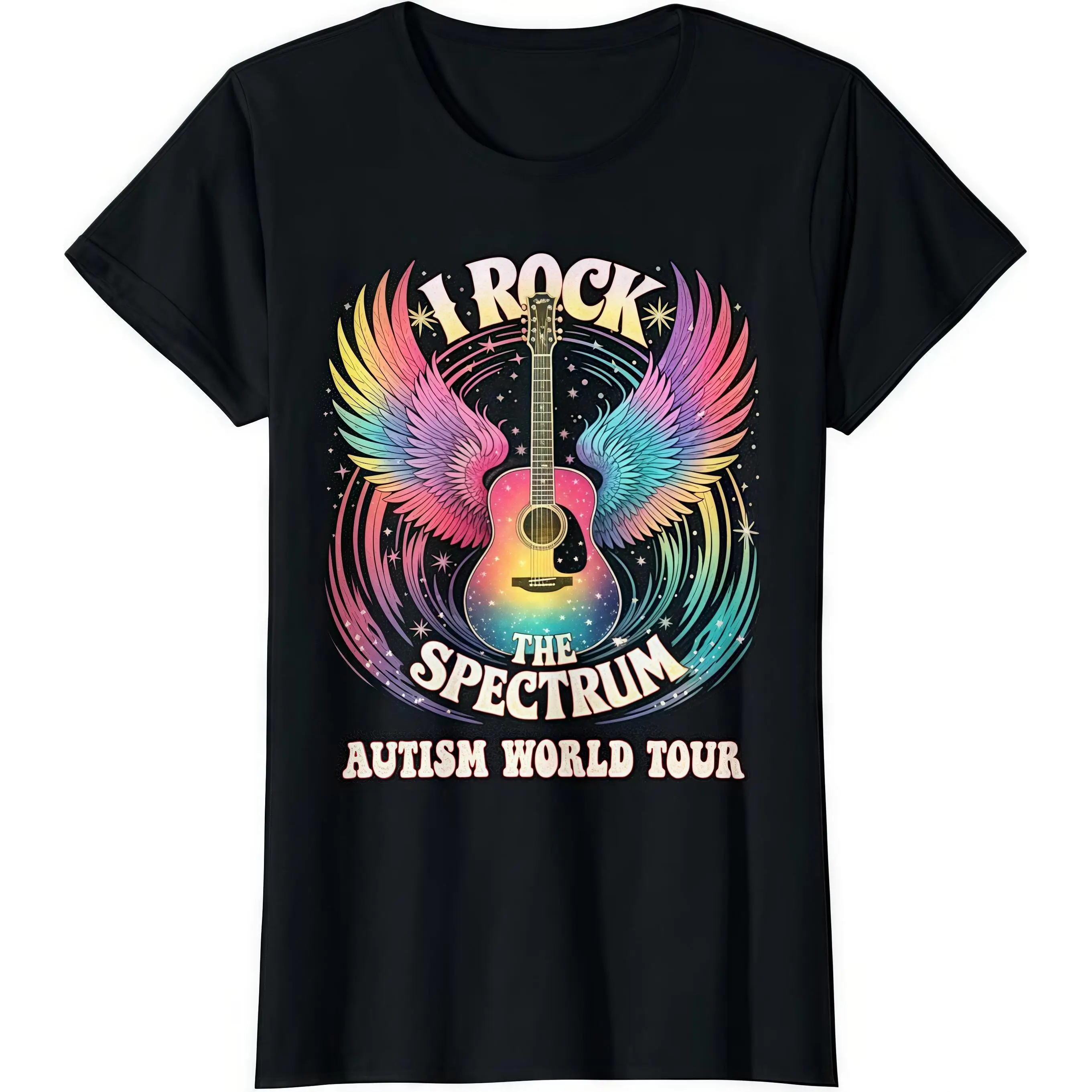

"Psychedelic Rock Autism T - Shirt: Featuring A Winged Guitar And The Slogan 'I Rock The Spectrum Autism World Tour'
