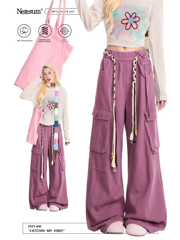 NERESUM Vintage Washed Straight Leg Work Pants Women's Purple Casual Trousers Multi-Pocket Wide Leg Slimming Long Pants