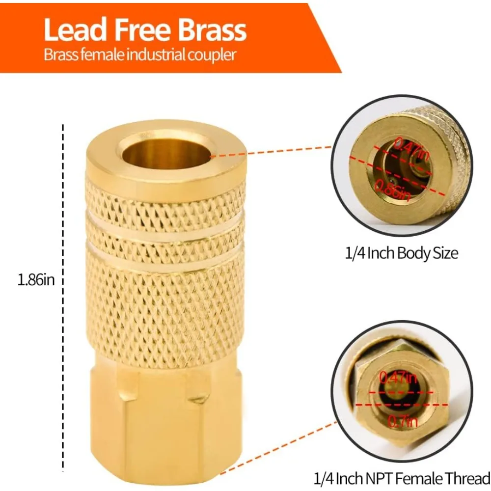 5 Pack 1/4-Inch Brass Female Industrial Coupler | for Professional Jobsites and Automotive Shops