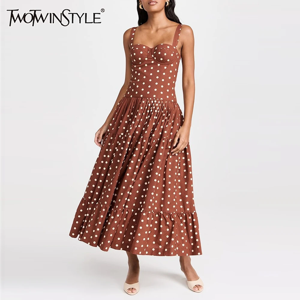 

TWOTWINSTYLE Hit Color Spliced Wave Point Casual Dresses for Women Square Neck Sleeveless Patchwork Folds Fashion Dress Female