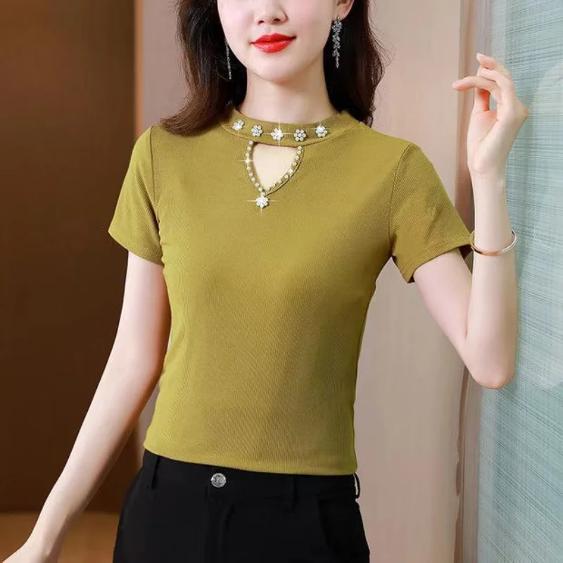 Women Spring New Fashion Sweet Crew Neck Pullovers Base Layers Solid Diamonds Hollow Out Knitted Versatile Short Sleeves Tops
