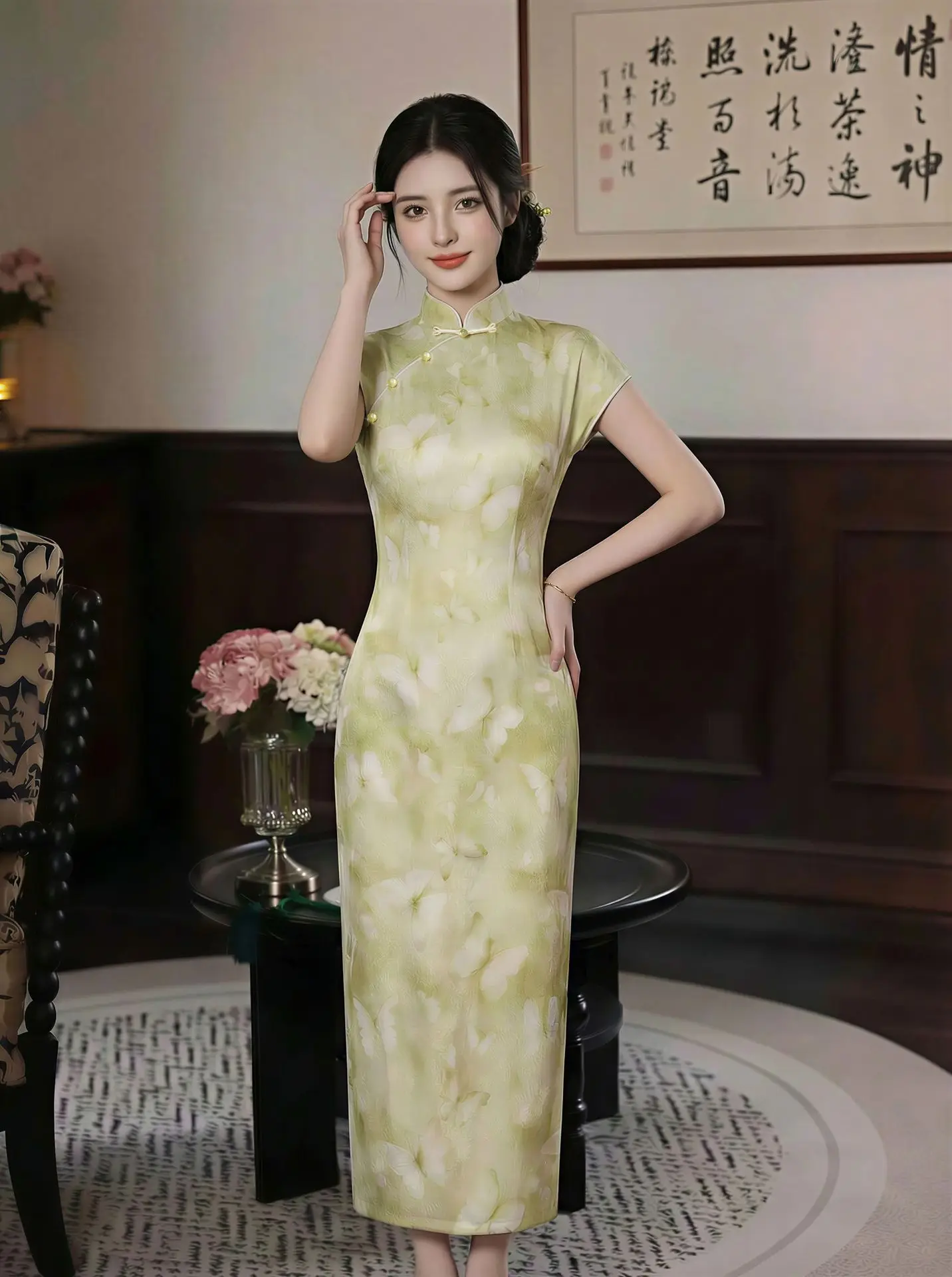 Retro Women's Butterfly Cheongsam Temperament Republic of China Style Summer Qipao Daily Wearable Long Modified Dress