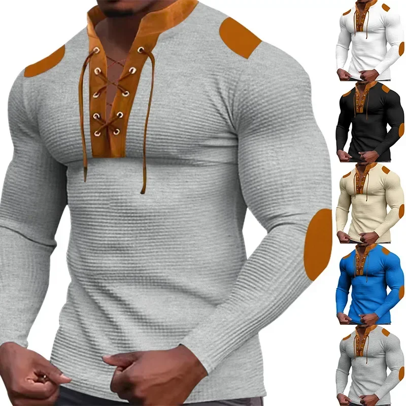 Cross-border New Men's Waffle Color Matching Strap V-neck Top Casual Long-sleeved Bottoming T-shirt for Men Vintage T Shirt