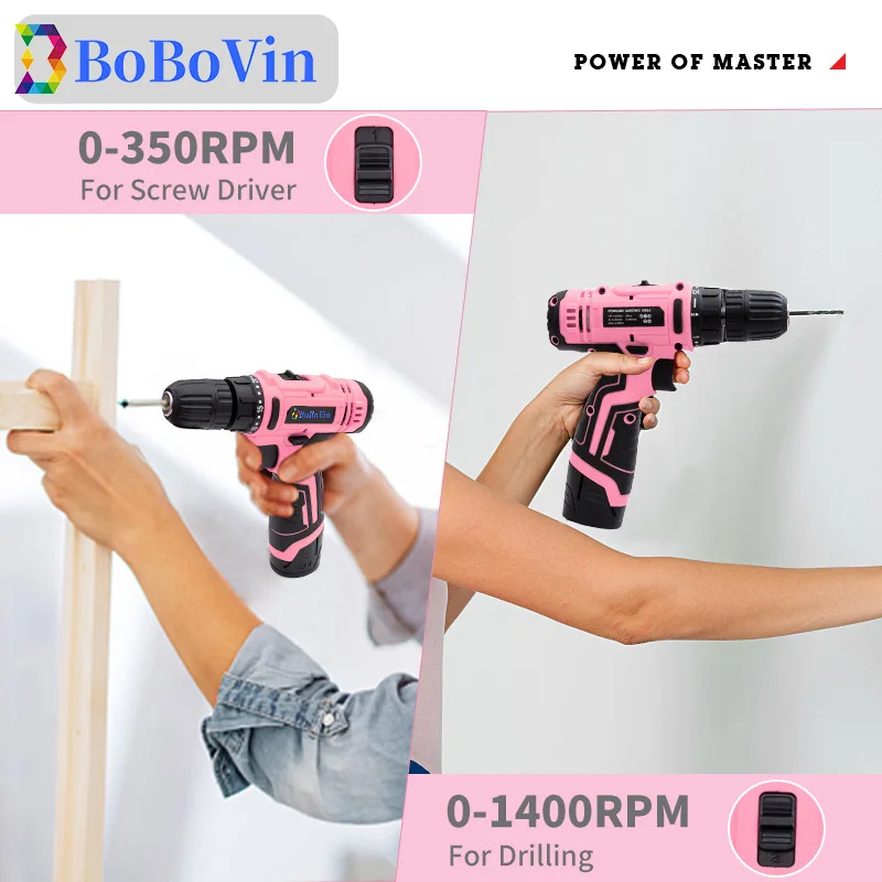 12V Cordless Drill Electric Screwdriver Rechargeable Wireless Power Driver DC Lithium-Ion Battery Household Pink