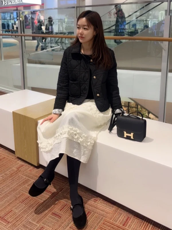 Retro Korean Floral Pattern Quilted Cotton Jacket  Collar Double-Sided Wear Small Diamond Grid Women's Cotton Coat