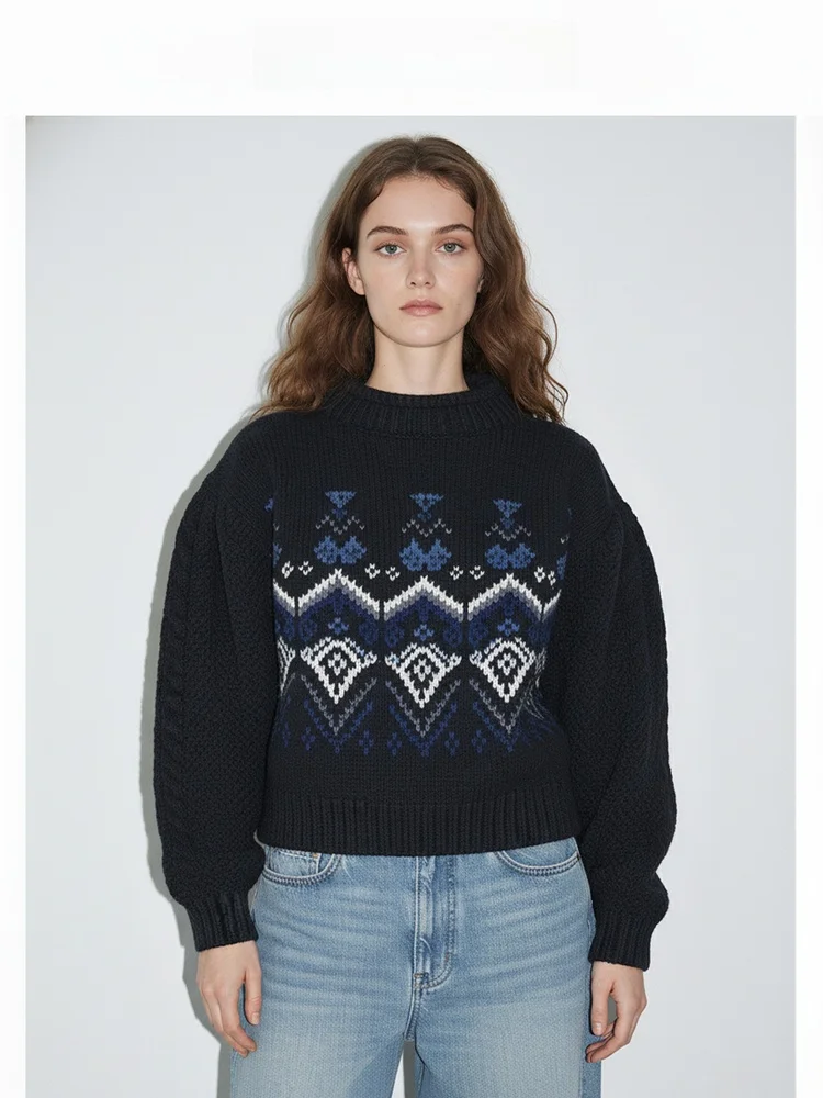 

Autumn Winter Women's Knitted Sweater Fair Isle Bubble Sve Tassel Geometric Pattern Loose Fit Long Sve round Ne Top