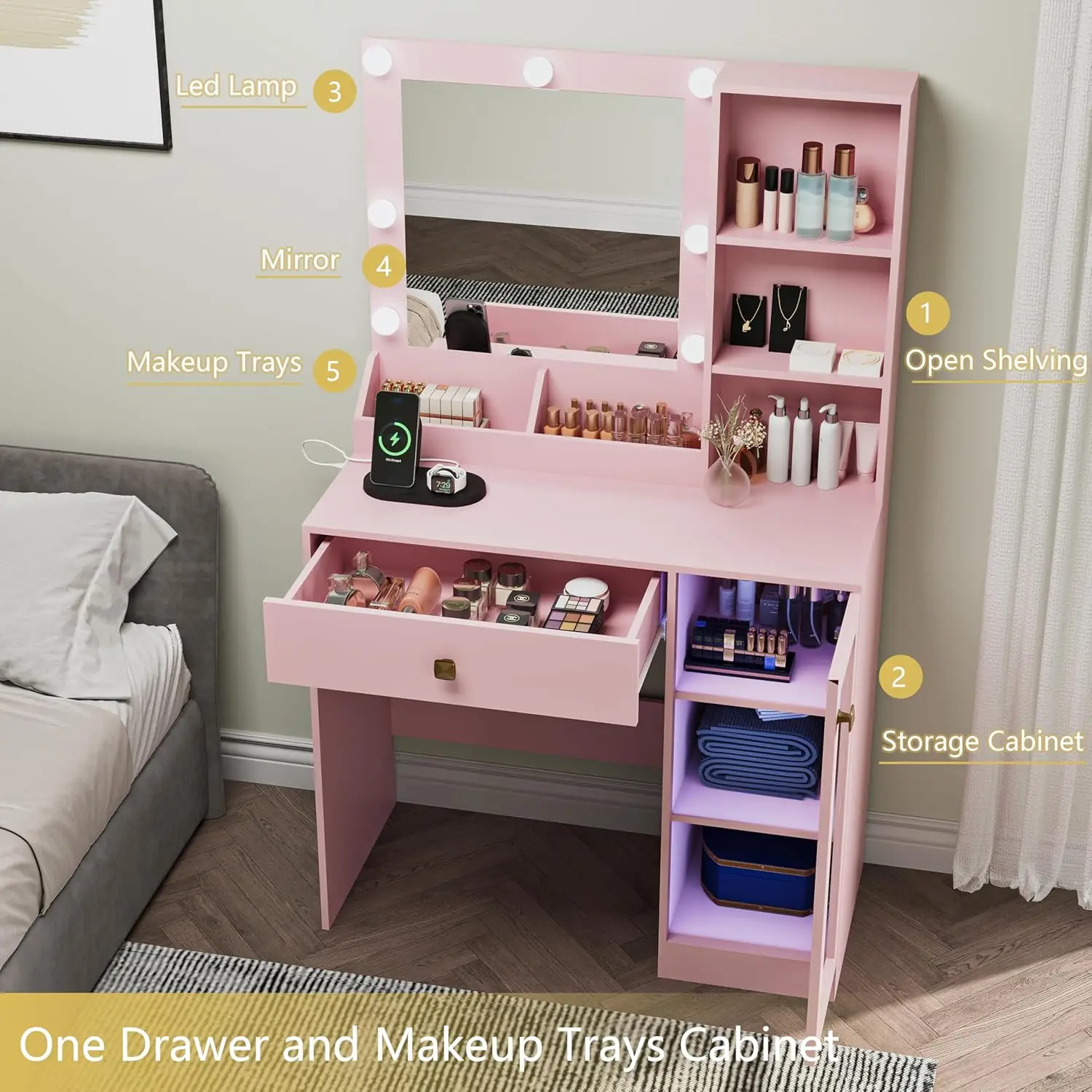 조명 거울이 있는 침실용 화장대 이미지