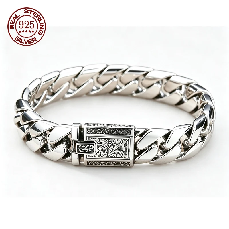 S925 Sterling Silver Heavy Solid Smooth Cuban Bracelet Men Bright Polished Curb Chain Antique Engraved Clasp Luxury Jewelry Gift