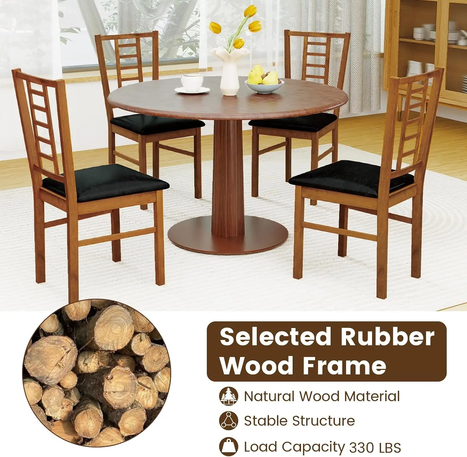 Wooden Dining Chairs Set of 2, Armless Kitchen Chairs w/Hollowed Backrest, Upholstered PU Seat, Rubber Wood Frame, Modern Dinette Furniture Set for Dining Room, Living Room, Cafe(Walnut+Black) view 6