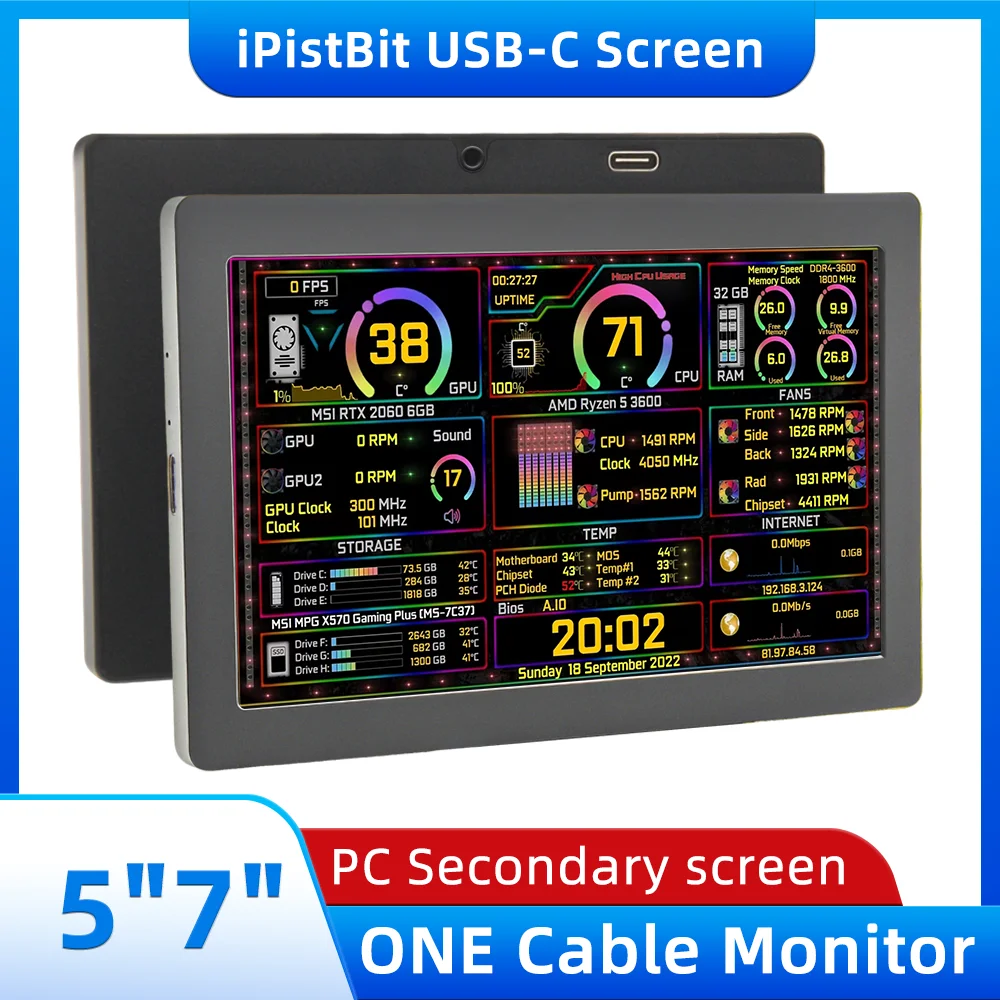 5/7 Inch IPS Type-C Secondary Screen Dynamic 1024x600 LCD Display CPU GPU RAM Monitoring Support Vertical Freely AIDA64