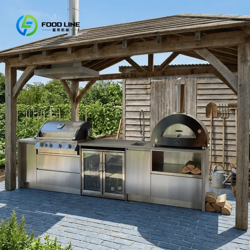 Customized 304 Stainless Steel Outdoor Kitchen Cabinet Multi Functional Outdoor Kitchen Set with Grill Cooktop Sink Fridge