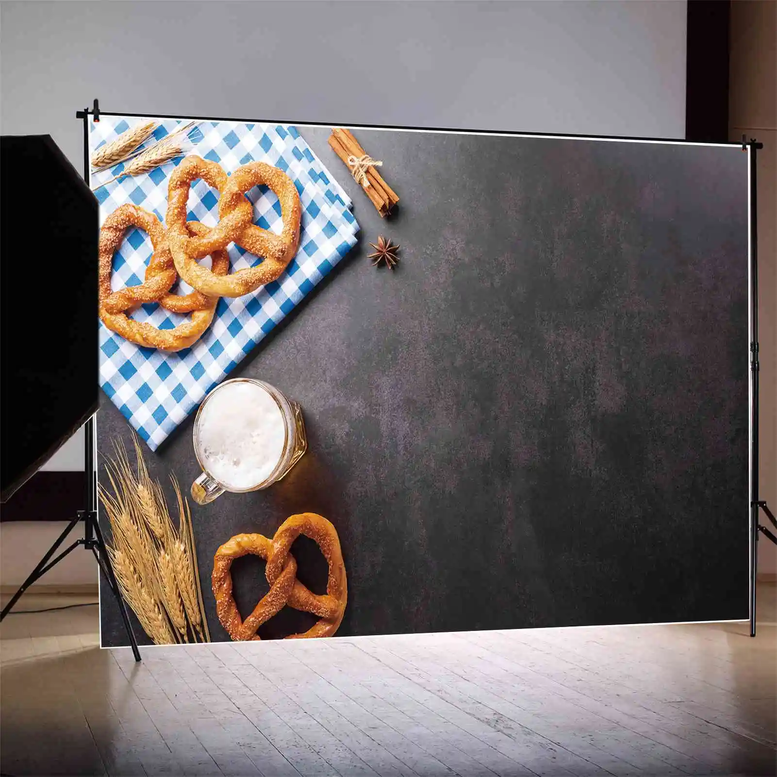 MOON.QG Backdrop Oktoberfest Beer Festival Decoration Background Wheat Bagel Glass Check Cloth Black Wall Party Prop Photo Booth