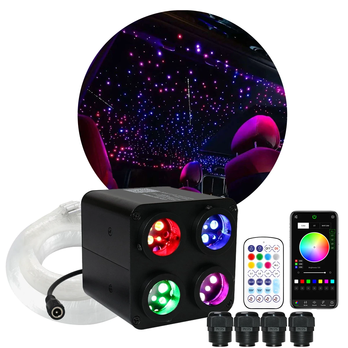 

4-портовый оптоволоконный проектор «Звездное небо» RGBW для потолка автомобиля, с управлением через приложение, имитация звездного неба