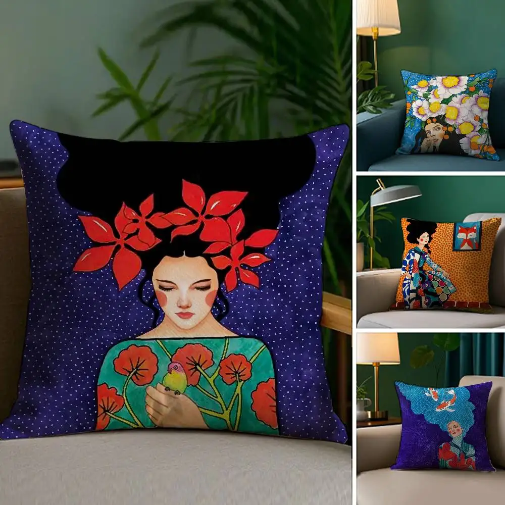 

1pc Vintage Abstract Girl Hair Flower Pillow Case Plush Fabric Soft Double Sided Print Sofa Cushion Cover Throw Pillow Covers