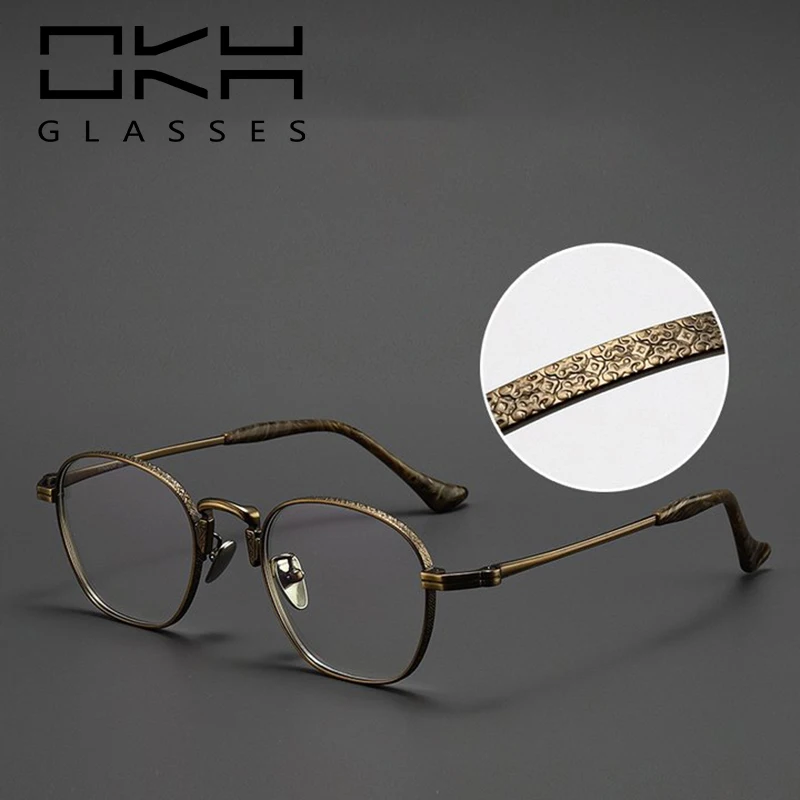 OKH Retro Carved Men Simple Design Ultra Light Titanium Square Large Frame Custom Prescription Myopia Glasses T53