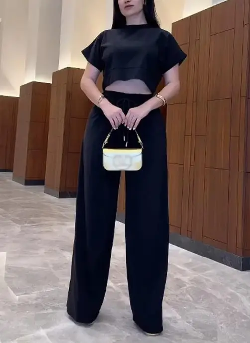 2025 신상 여성 투피스 세트, 세련된 라운드넥 반팔 상의와 하이웨이스트 팬츠 세트