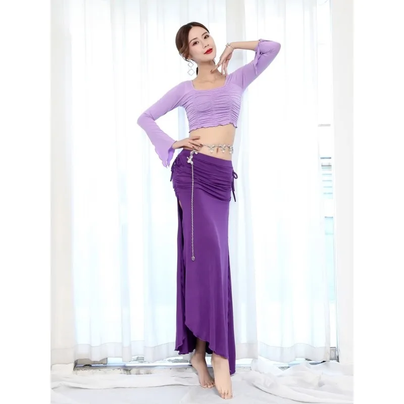 Costumi di danza del ventre personalizzati 2025 Nuovo set Abbigliamento da pratica modale a maniche lunghe Gonna lunga sexy a doppia fessura per adulti di sesso femminile