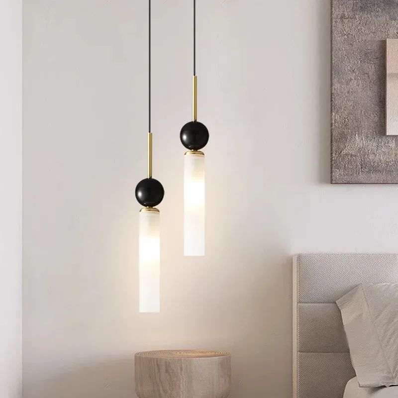 

Moden Full Copper LED Chandelier Cylindrical White Acrylic Hanging Lamps Bedroom Living Room Restaurant Kitchen Pendant Lights