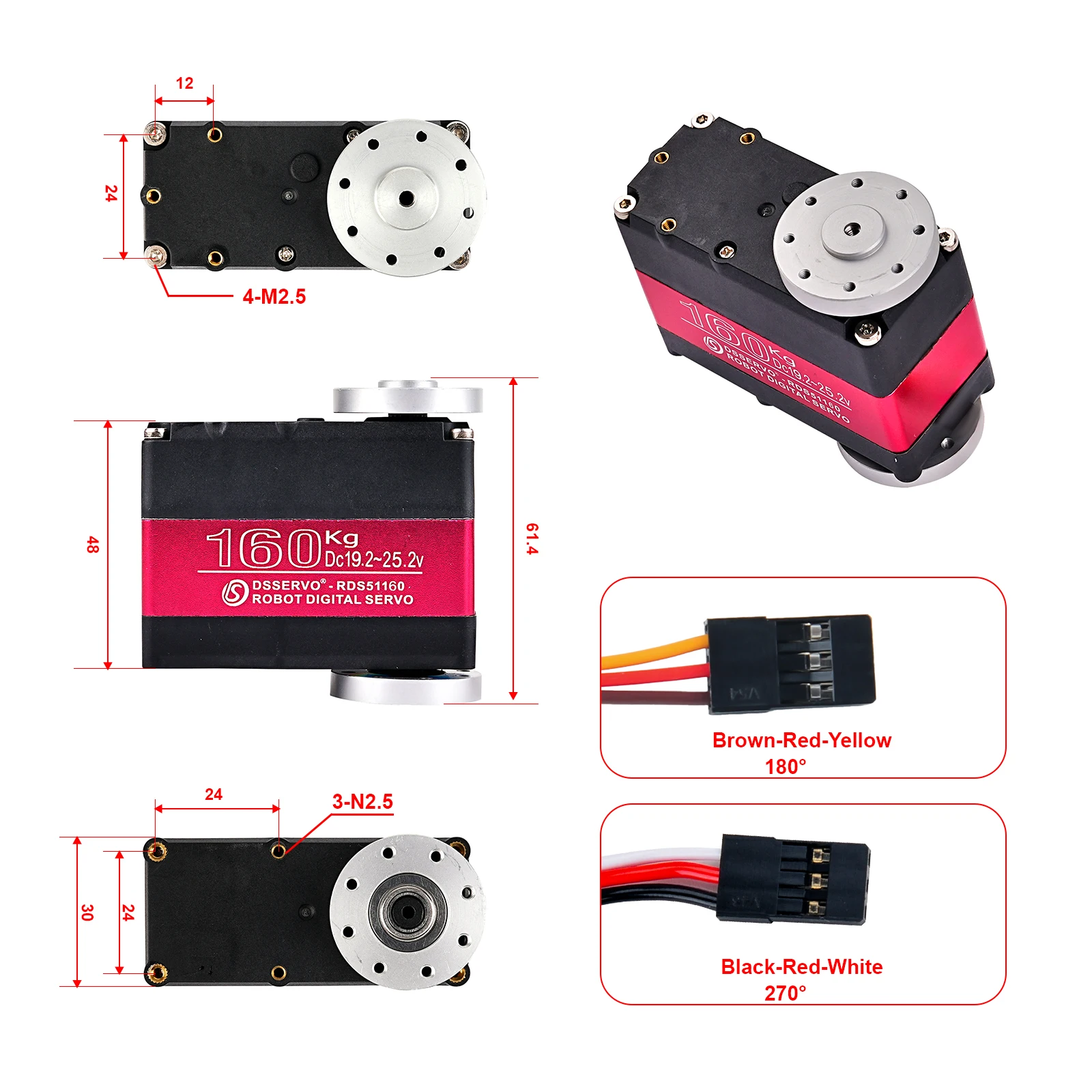 

160KG RDS51160 RC Digital Servo Robot Servo 180 270 degree High Torque Metal Gears Servo Motor for 1/5 FPV Drone Car Robot 24V