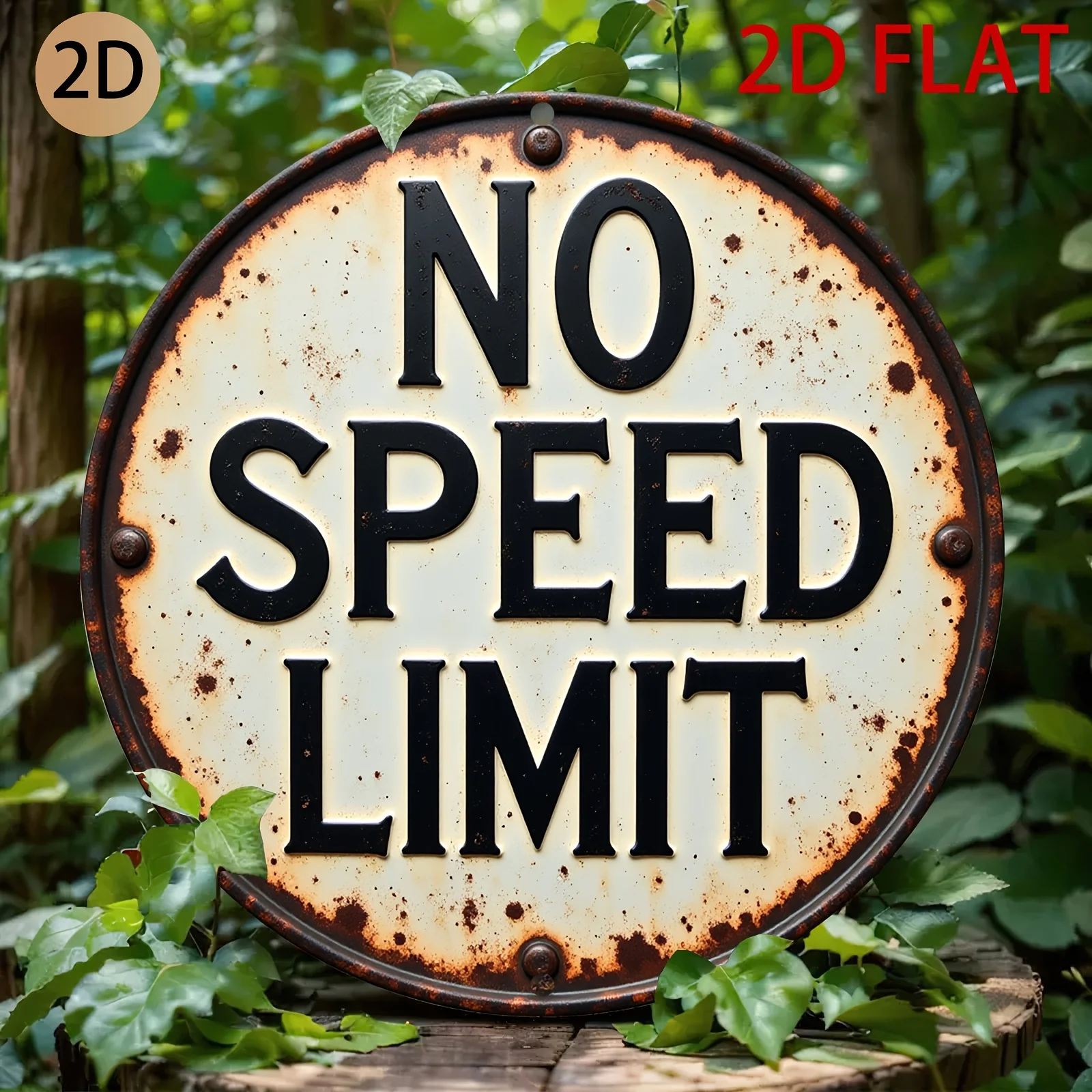 2D Plane Circular Rusty Metal Sign No Speed Limit  Automotive Themed Wall Art for Home Garage or Cafe, 2D Flat, Perfect for Room