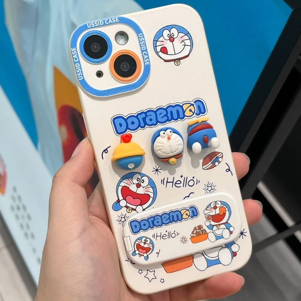 Ussid Cartoon Doraemon Phone Case Aesthetic Cute with Kickstand Mirror Lanyard for iPhone 17/16 pro Max/15/14/13/12