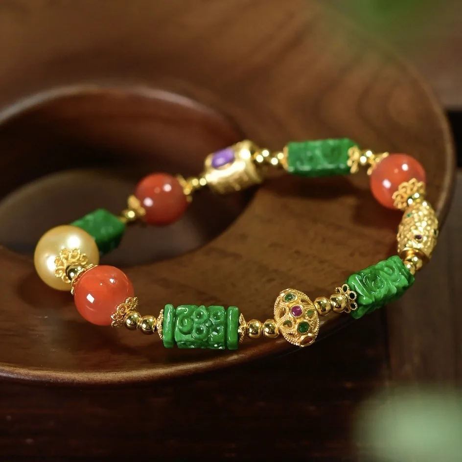 Natural A‑Grade Spicy Green Jade Carved Bead Bracelet,Red Agate South Sea Golden Pearl,Chinese Vintage Multi‑Gem Bangle
