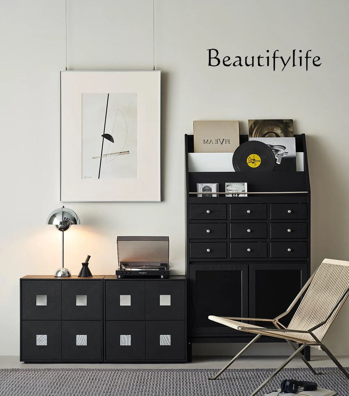 C /Time Side Cabinet Black Modern Simple Combination Bucket Cabinet Solid Wood Retro Storage Card Door Cabinet