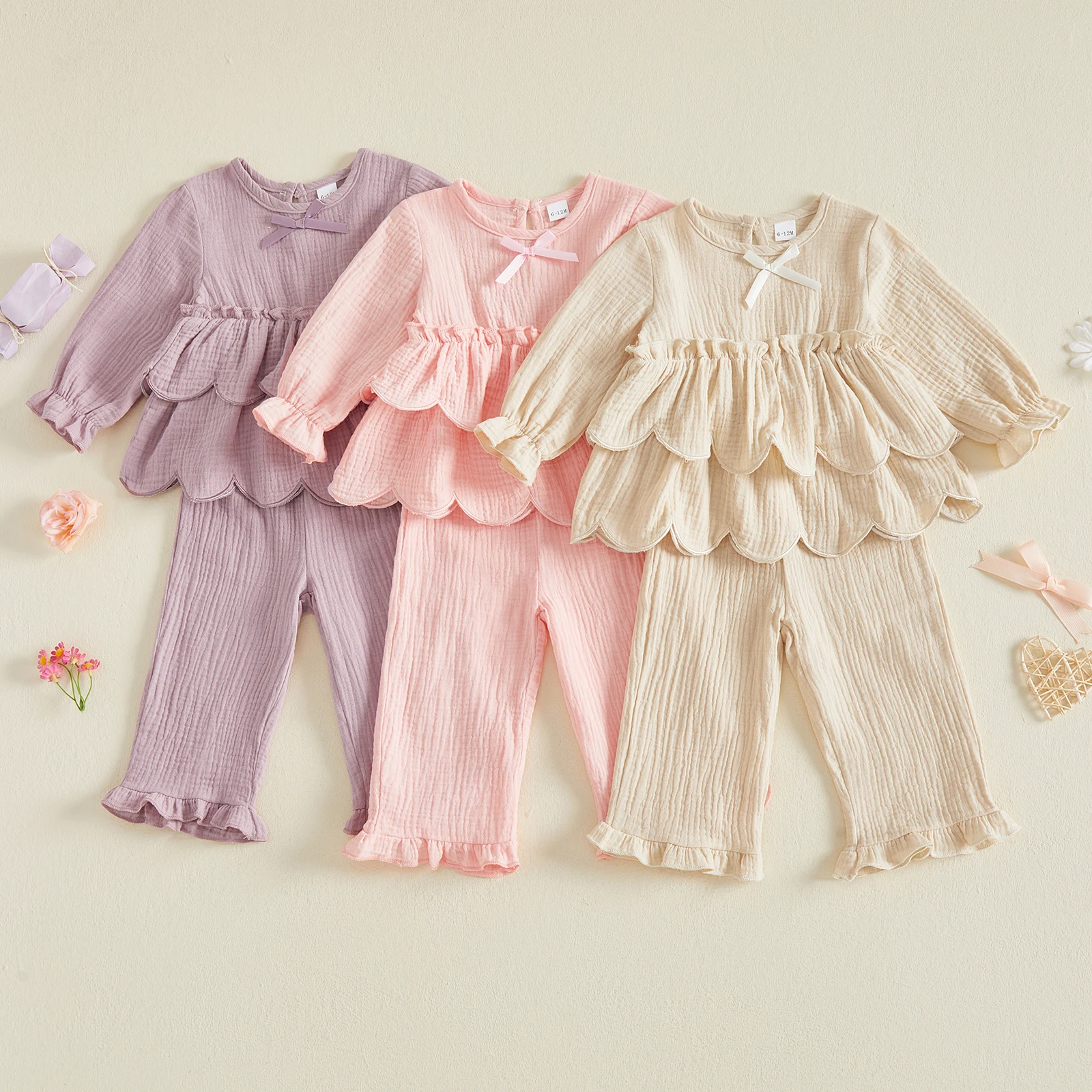 0-4Y Little Girls 2PCS Linen Autumn Outfits Long Sleeve O Neck Petal Hem Peplum Shirt Tops Flared Pants Sets