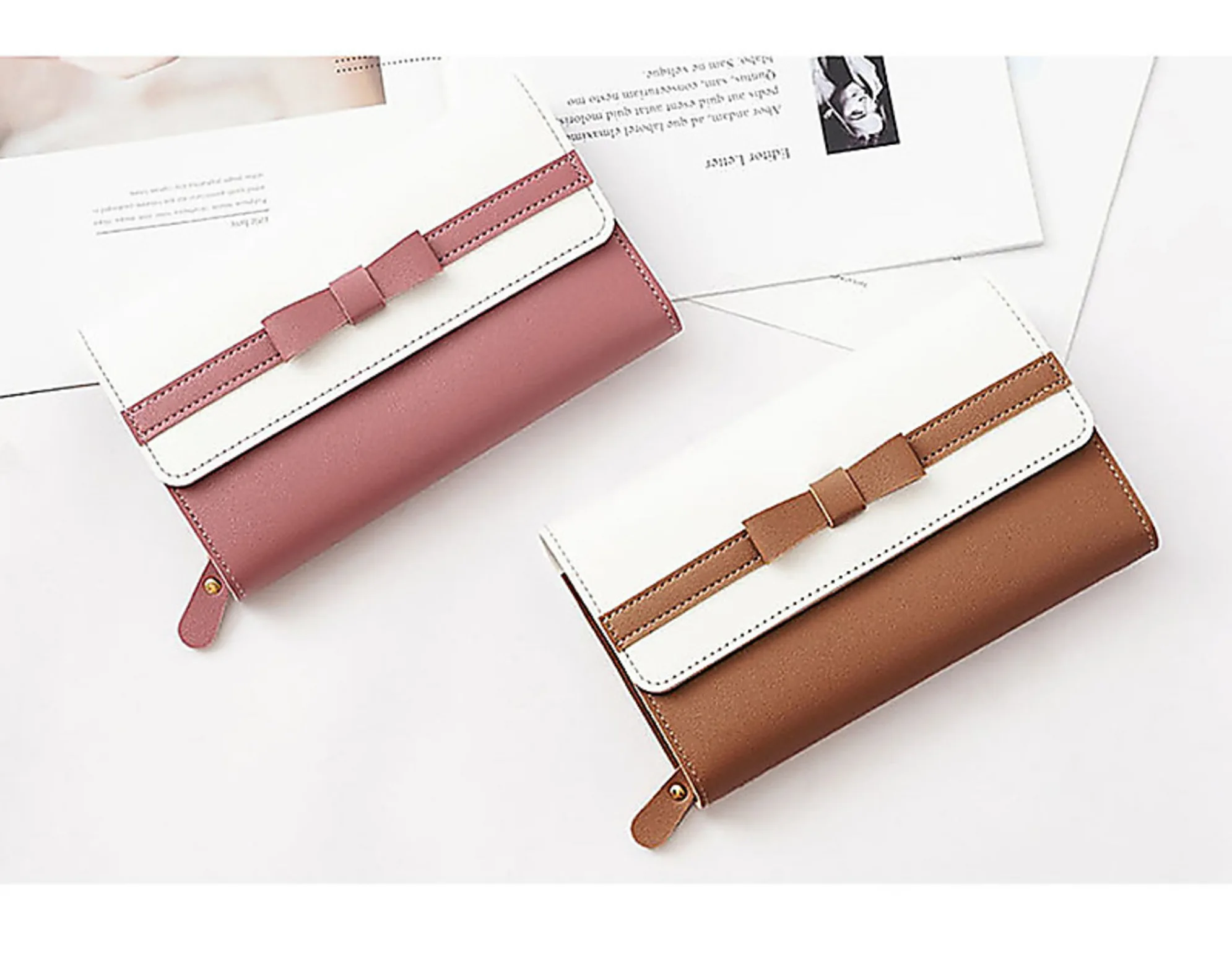 Girls Long Wallet New Contrast Color Bow Knot Flap Zipper Money Purse Organizer Card Holder Fashion Female Clutch Phone Bag