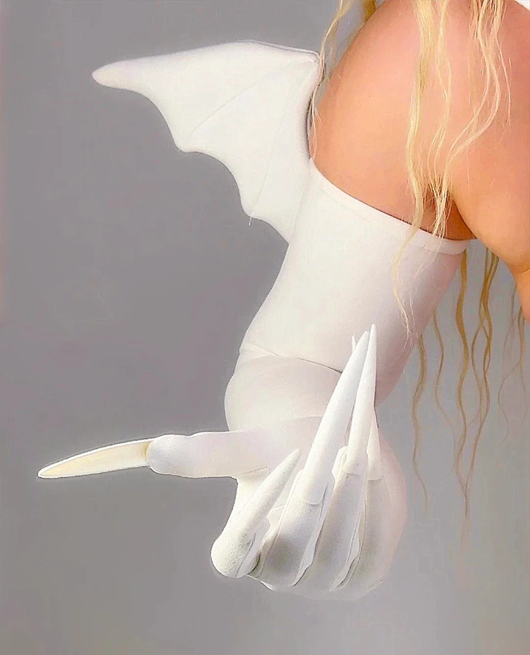 Angel Wings GLOVES with NAILS Women's SUEDE White 70cm Super Long Faux Leather Elastic Stretchy Halloween Devil Cosplay Glove