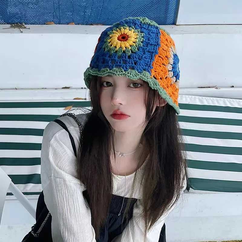 Korea Crochet Hollow Flower Bucket Hat Women Cotton Handmade Knitting Hat Japanese Girl Autumn Sweet Cute Y2k Fisherman Hat