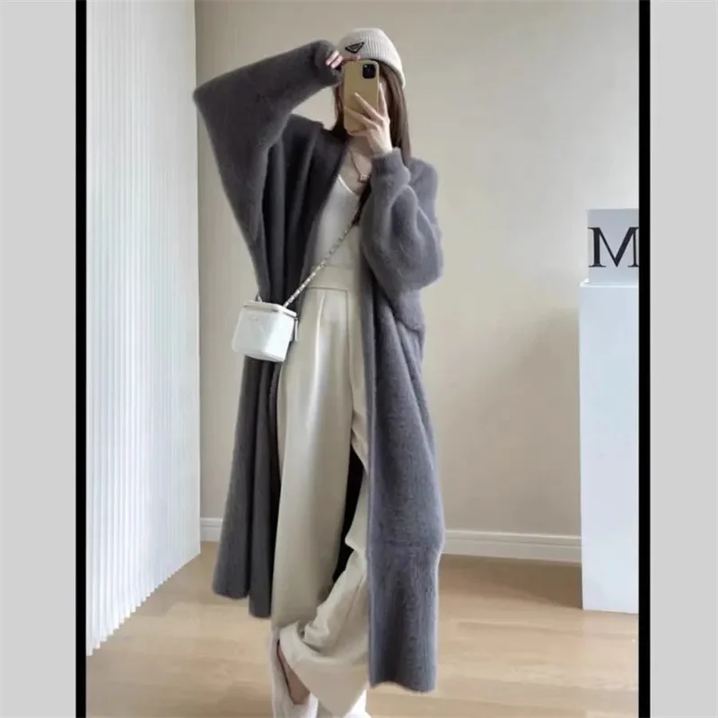 2024 Women Mink Fur Sweater Jacket Loose Lazy Style, Mid Length White Knitted Cardigan Bathrobe, Autumn And Winter Female Coat