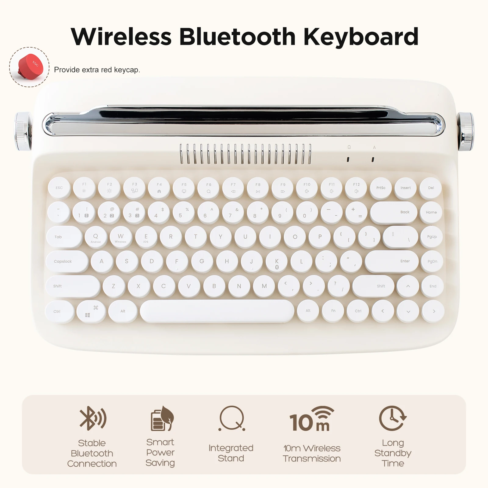 YUNZII ACTTO B303 Ivory Butter Retro Wireless Bluetooth Typewriter Aesthetic Keyboard with Integrated Stand for Multi-Device