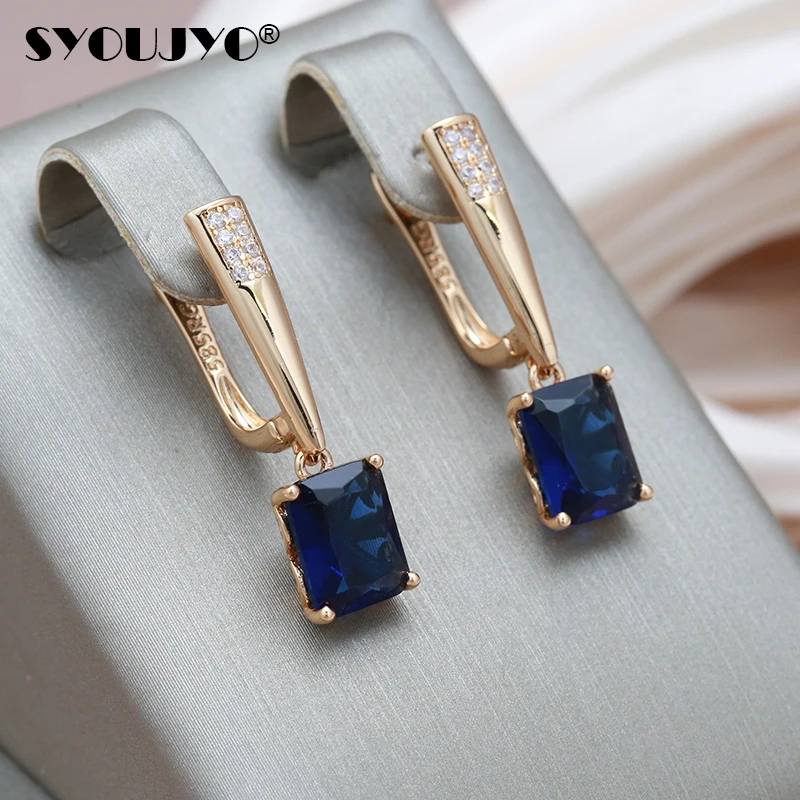 SYOUJYO Square Mysterious Blue Natural Zircon Long Earring For Women Luxury 585 Rose Gold Color Wedding Earrings Fine Jewelry