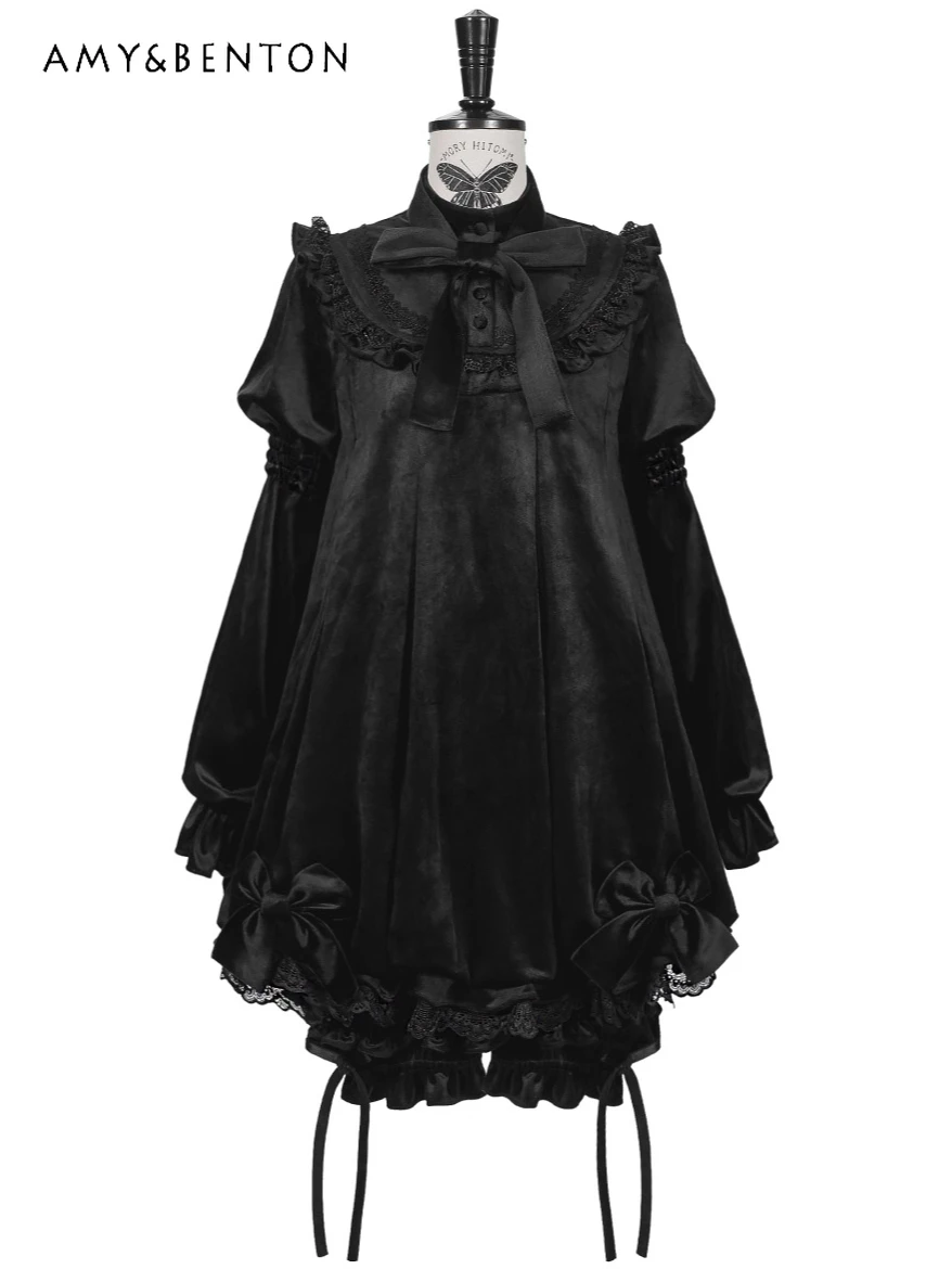 

Gothic Court Style Velvet Op Dress Subculture Lolita Bow Lantern Sleeve Stand-up Collar Tutu Dresses Shorts Two-piece Set Women