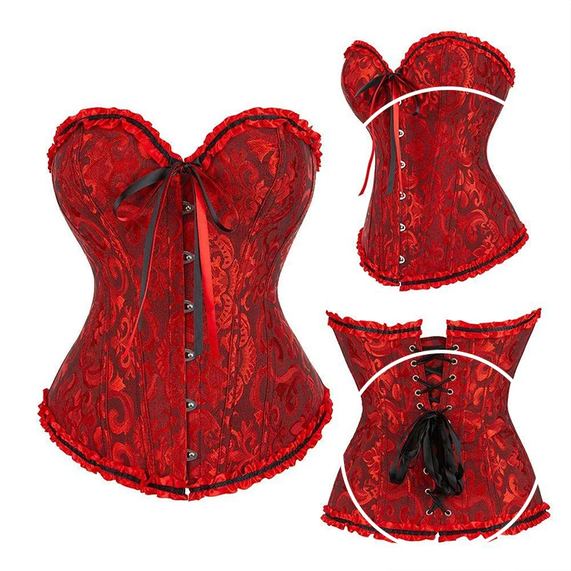 Women's Sexy Satin Tight Fitting Corset Women's Flower Decoration Fish Bone Lace up Tight Fitting Waist Shaping Corset