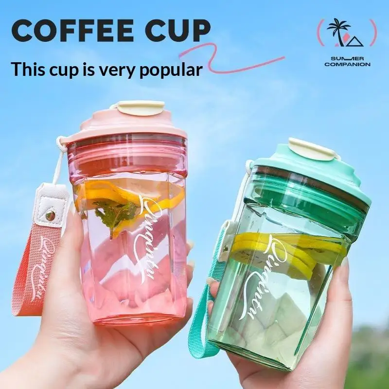 20oz Clear Plastic Coffee Cup Food Grade Leak Proof Lid Portable Lanyard for Iced Drinks Outdoor Camping Use
