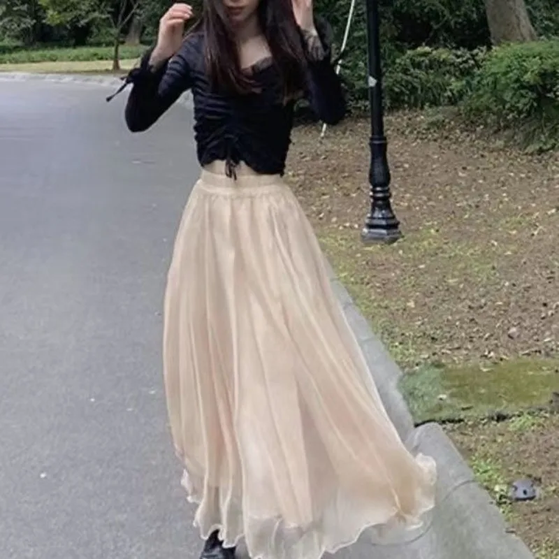 Women's Beige Chiffon Maxi Skirt High Waist Drawstring Loose Flowy Sheer Long Skirt Elegant Casual Daily Party A-line Skirt