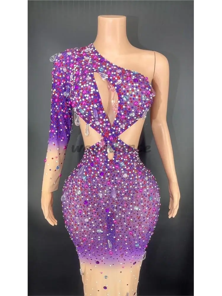 Vestido de un hombro transparente con diamantes de imitación para mujer, traje de actuación para Club nocturno, Bar