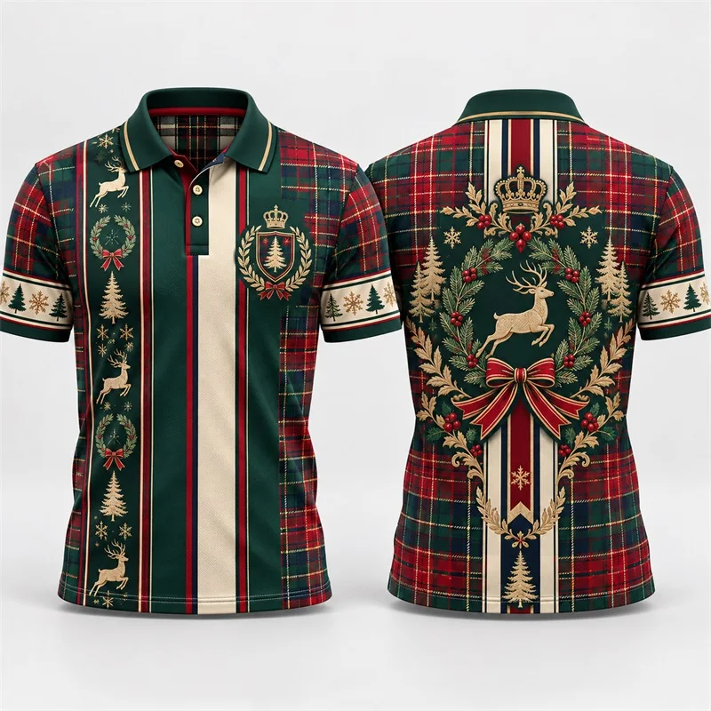 Men Vintage Plaid Christmas Deer Print Polo Shirt Short Sleeve Lapel Tops Wreath Crown Pine Tree Xmas Holiday tshirt For Men