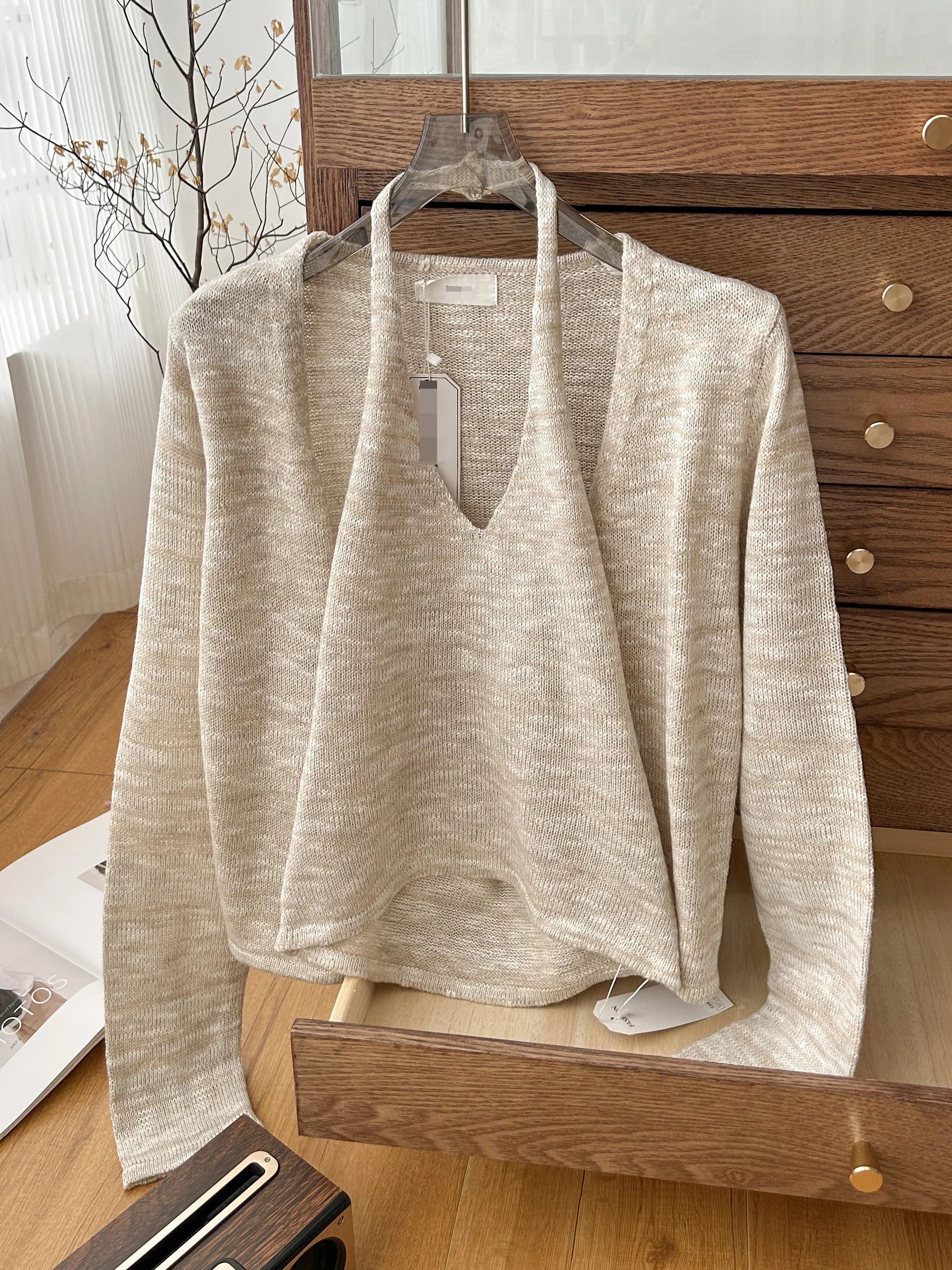 Women's Autumn Winter Casual Two Pieces Cardigan Set Lady V Neck Loose Cardigan + Halter Neck Tank Top