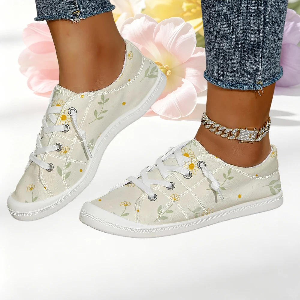 

Women's Beige Daisy Branch Print Low Top Casual Shoes Fresh Minimalist Slip On Sneakers Breathable Flat Daily Footwear